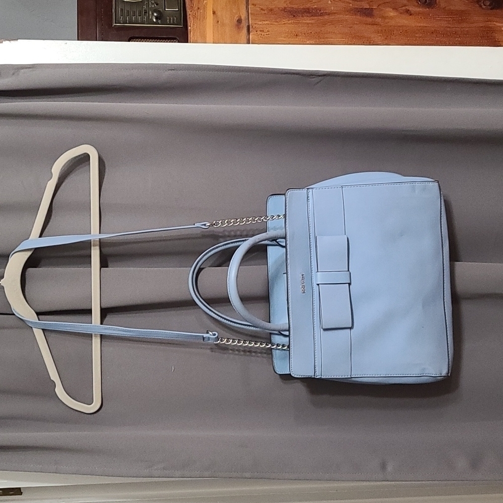 Nine‎ West Purse Faux Blue Leather 3 Compartments Handles/Strap 13x11"GUC READ